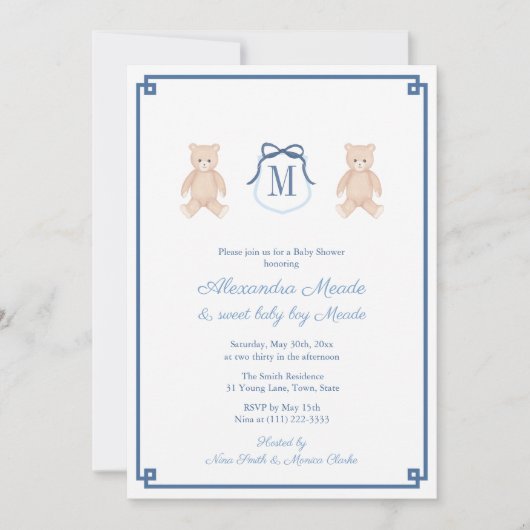 クラシックモノグラムテディベア男の赤ちゃんシャワー 招待状 (正面)