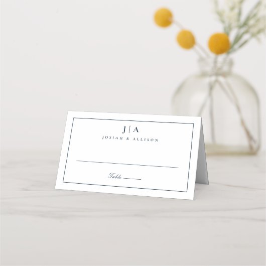クラシックモノグラムネイビーブルーの結婚式 プレイスカード (正面)