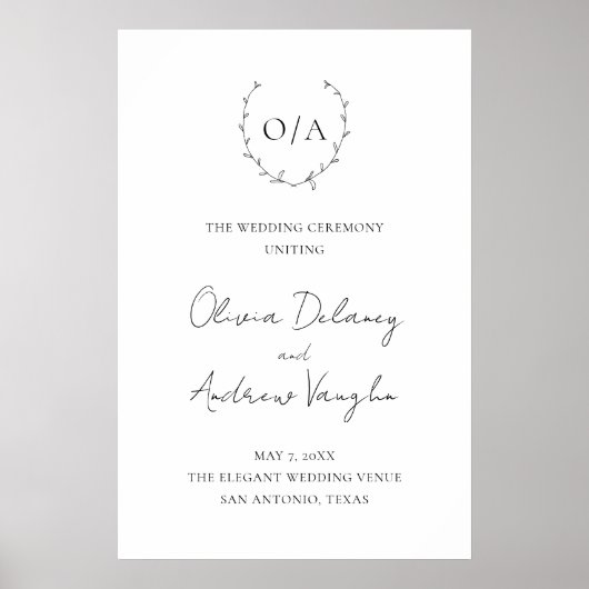 クラシックモノグラムリースクレストエレガントウェディング ポスター (正面)