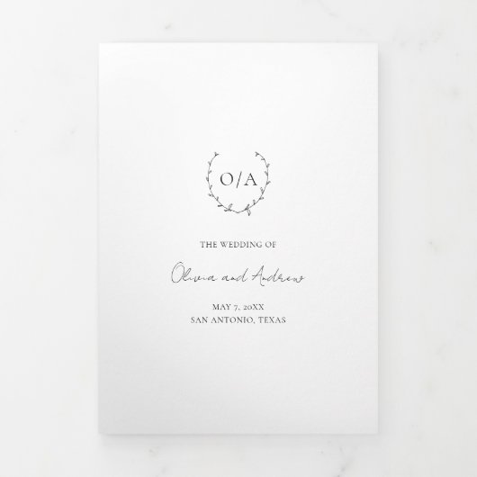 クラシックモノグラムリースクレストエレガントウェディング 三つ折り招待状 (カバー)