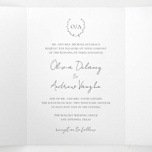 クラシックモノグラムリースクレストエレガントウェディング 三つ折り招待状 (内部中)