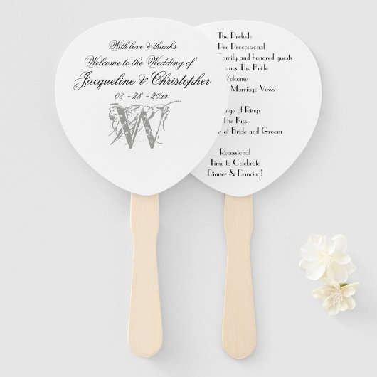 クラシックモノグラムロマンチックホワイト結婚式 プログラム ハンドファン (正面&裏面)