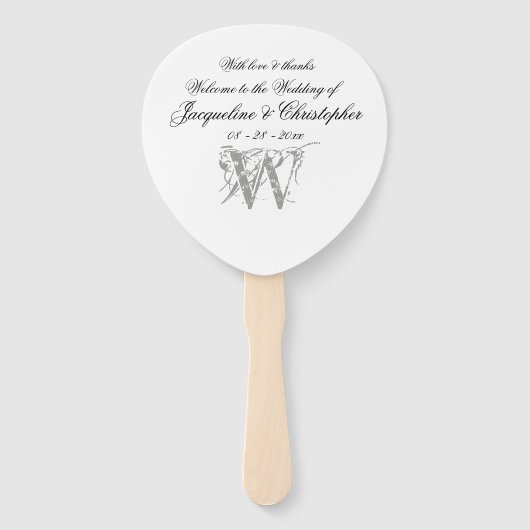 クラシックモノグラムロマンチックホワイト結婚式 プログラム ハンドファン (正面)