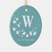 クラシックモノグラム名ティール(緑がかった色)フローラリースカスタム セラミックオーナメント (右)