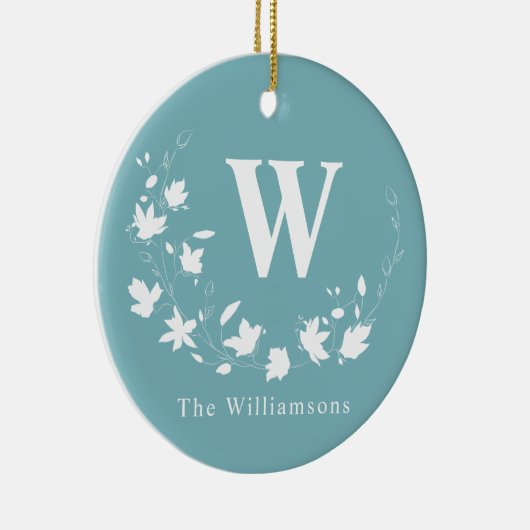 クラシックモノグラム名ティール(緑がかった色)フローラリースカスタム セラミックオーナメント (右)