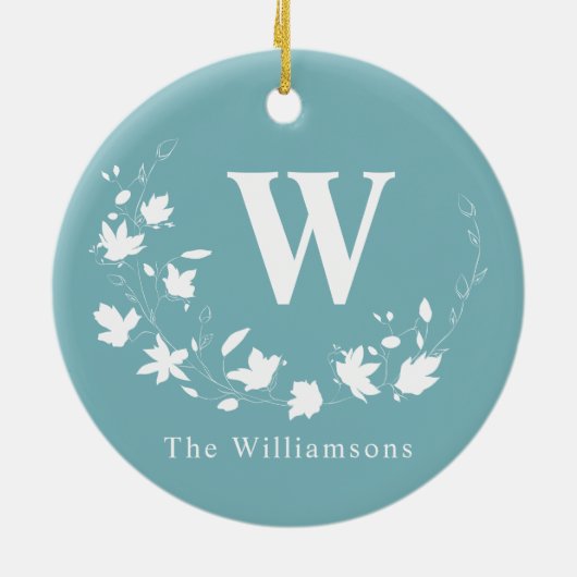 クラシックモノグラム名ティール(緑がかった色)フローラリースカスタム セラミックオーナメント (裏面)