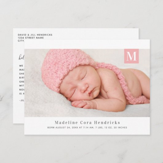 クラシックモノグラム女子の出産告知はがき ポストカード (正面/裏面)