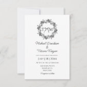 クラシックモノグラム植物性フローラ結婚リボン 招待状 (正面)