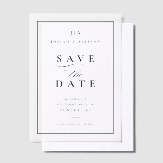 クラシックモノグラム海軍ブルーウェディング日付を保存 ベラム紙招待状 (オフセット)