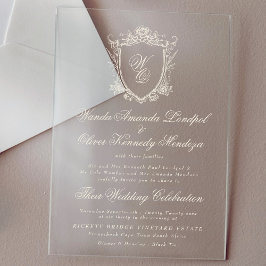 クラシックモノグラム炭フローラクレスト結婚ズ アクリル招待状