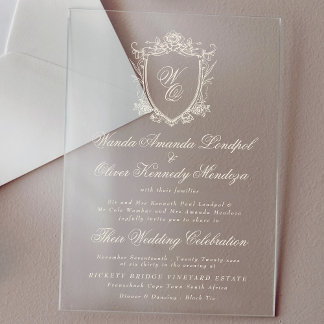 クラシックモノグラム炭フローラクレスト結婚ズ アクリル招待状