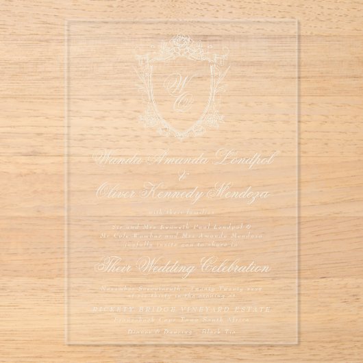 クラシックモノグラム炭フローラクレスト結婚ズ アクリル招待状 (正面)