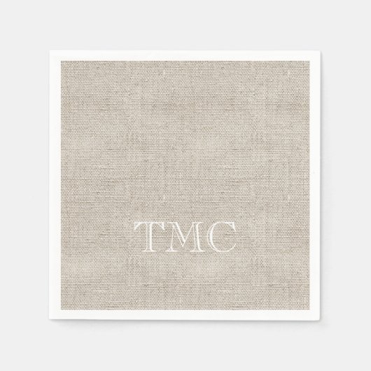 クラシックモノグラム白イニシャルニュートラルリネン スタンダードカクテルナプキン (正面)