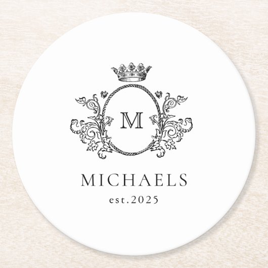 クラシックモノグラム白黒ラウンド紙カス ラウンドペーパーコースター (正面)