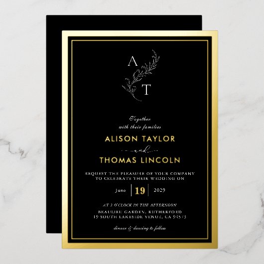 クラシックモノグラム結婚の金ゴールドフレ実在ーム 箔招待状 (正面/裏面)