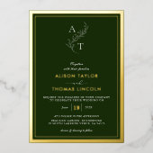 クラシックモノグラム結婚の金ゴールド深いフォレストグリーン 箔招待状 (正面)