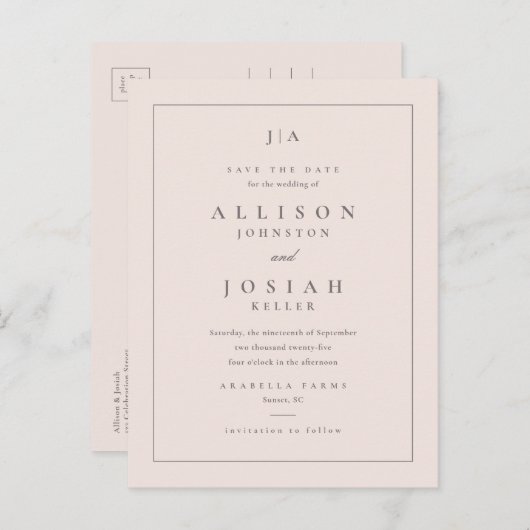 クラシックモノグラム結婚式の日付を保存 案内ポストカード (正面/裏面)