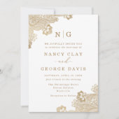 クラシックモノグラム金ゴールドレー華美スホワイト結婚ズ 招待状 (正面)