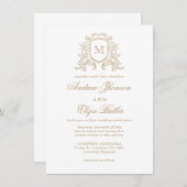 クラシックモノグラム金ゴールド及び白結婚式招待状 招待状 (正面/裏面)