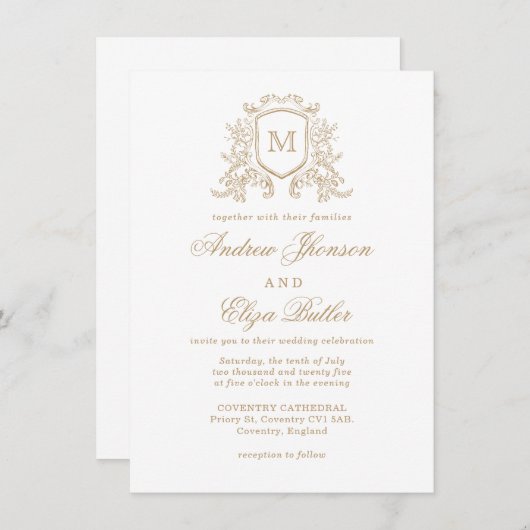 クラシックモノグラム金ゴールド及び白結婚式招待状 招待状 (正面/裏面)