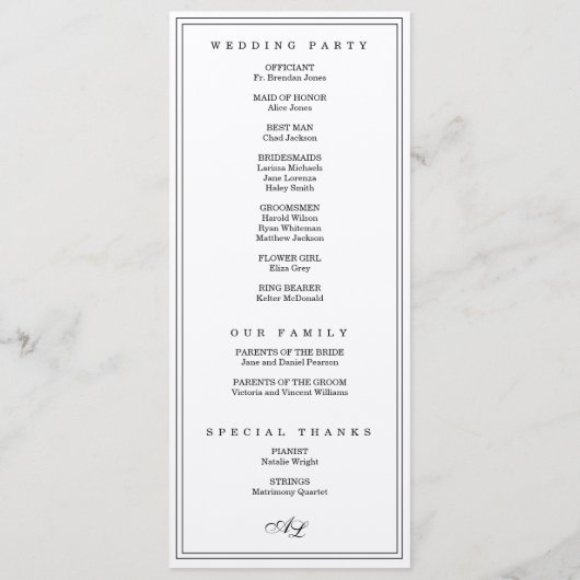 クラシックモノグラム黒と白シンプルの結婚 プログラム (裏面)