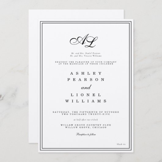 クラシックモノグラム黒と白伝統的結婚の 招待状 (正面/裏面)