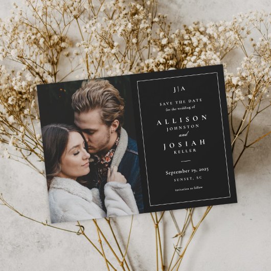 クラシックモノグラム黒と白結婚の写真 セーブザデート