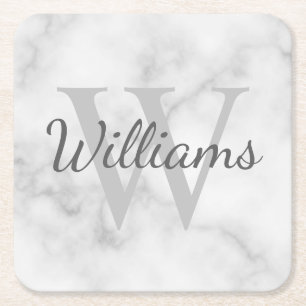 クラシックモパーソナライズされたノグラムと名前Marble Look スクエアペーパーコースター