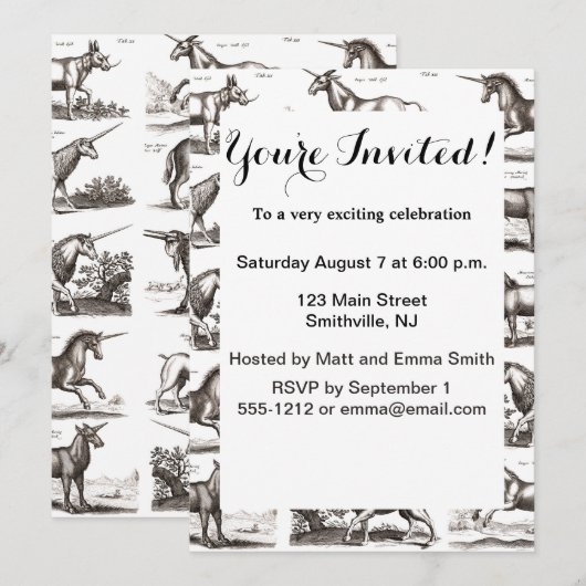 クラシックユニコーン アンティーク 神話 魔法の生物 招待状 (正面/裏面)