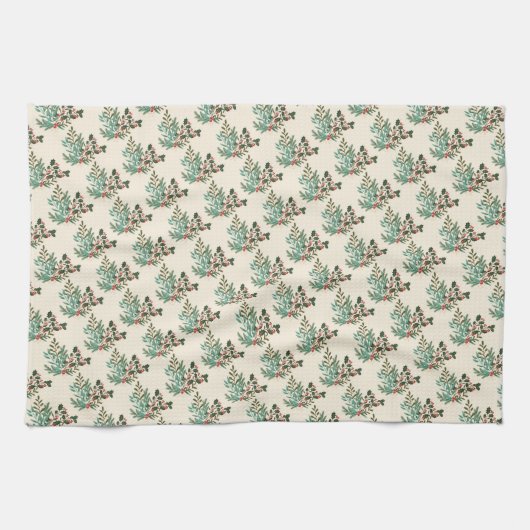 クラシックユニークグリーンボタニカルホリデークリスマス キッチンタオル (横)