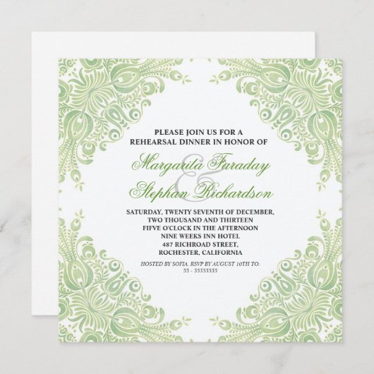 クラシックライトグリーンダマスリハーサル夕食招待状 招待状 (正面/裏面)