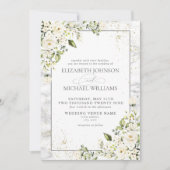 クラシックライトグレーホワイトフローラ金ゴールドマーブルウェディング 招待状 (正面)
