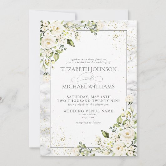 クラシックライトグレーホワイトフローラ金ゴールドマーブルウェディング 招待状 (正面)