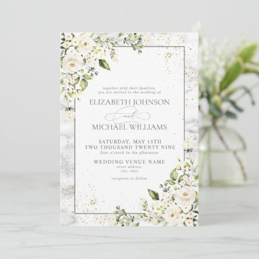 クラシックライトグレーホワイトフローラ金ゴールドマーブルウェディング 招待状 (スタンド正面)