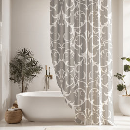 クラシックライトグレー&ホワイトダマスクフローラ シャワーカーテン