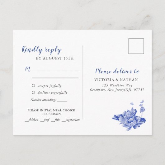 クラシックライトブルーチャイノエリーフローラウェディングRSVP ポストカード (裏面)