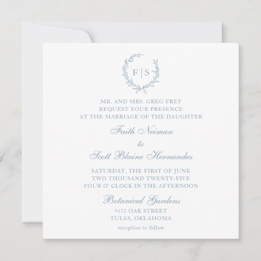 クラシックライトブルーリース結婚式招待状 招待状 (正面)