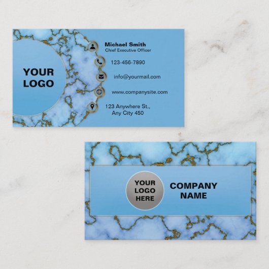 クラシックライトブルー3D大理石フェイク光沢ゴールド箔 名刺 (正面/裏面)
