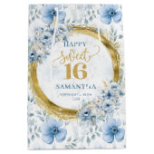 クラシックライトブルーSweet sixteen金ゴールドグリッターバッグ ミディアムペーパーバッグ (正面)