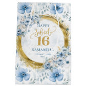 クラシックライトブルーSweet sixteen金ゴールドグリッターバッグ ミディアムペーパーバッグ (裏面)