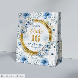 クラシックライトブルーSweet sixteen金ゴールドグリッターバッグ ミディアムペーパーバッグ