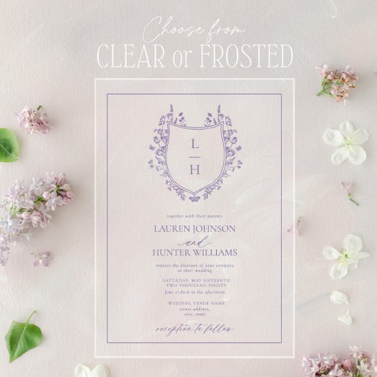 クラシックラベンダーワイルドフラワーモノグラム結婚クレスト アクリル招待状