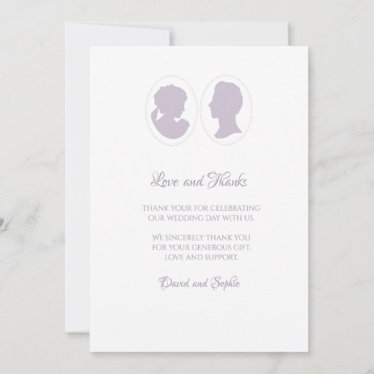 クラシックリージェンシーパープルカメオ結婚ズ サンキューカード (裏面)