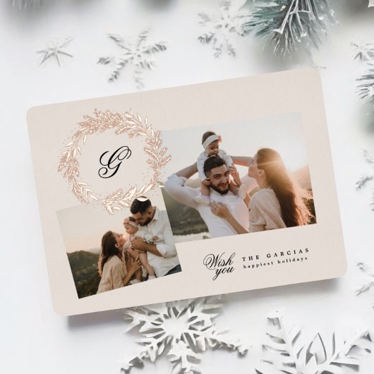 クラシックリースクリスマス写真コラージュバラ金ゴールド 箔シーズンカード