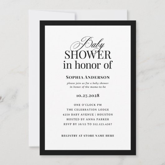 クラシックルクセ | 白黒エレガントの赤ちゃんシャワー 招待状 (正面)