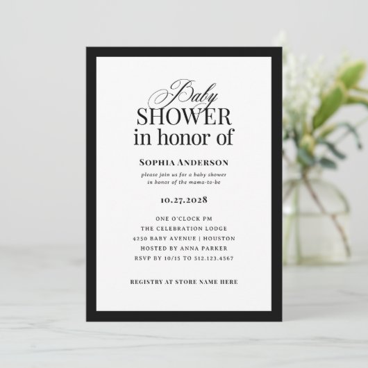 クラシックルクセ | 白黒エレガントの赤ちゃんシャワー 招待状 (スタンド正面)
