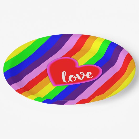 クラシックレストライプインボーハートカラフル ペーパープレート (アングル)