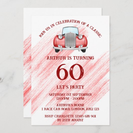 クラシックレッドのレトロカー ヴィンテージ水彩画 招待状 (正面/裏面)