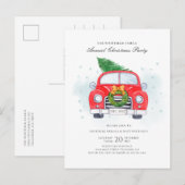 クラシックレッドカーツリーファミリークリスマスパーティー インビテーションポストカード (正面/裏面)