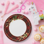クラシックレッドクリスマスタータンチェックホリー&金ゴールド葉 ペーパープレート (パーティー)